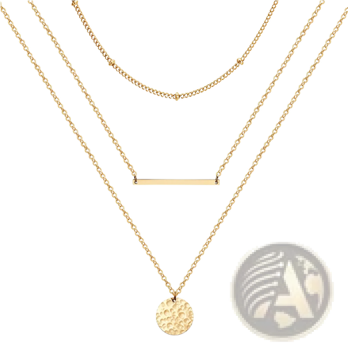 14k gold plated triple layered choker necklace with three gold-toned chains and hammered pendant charms