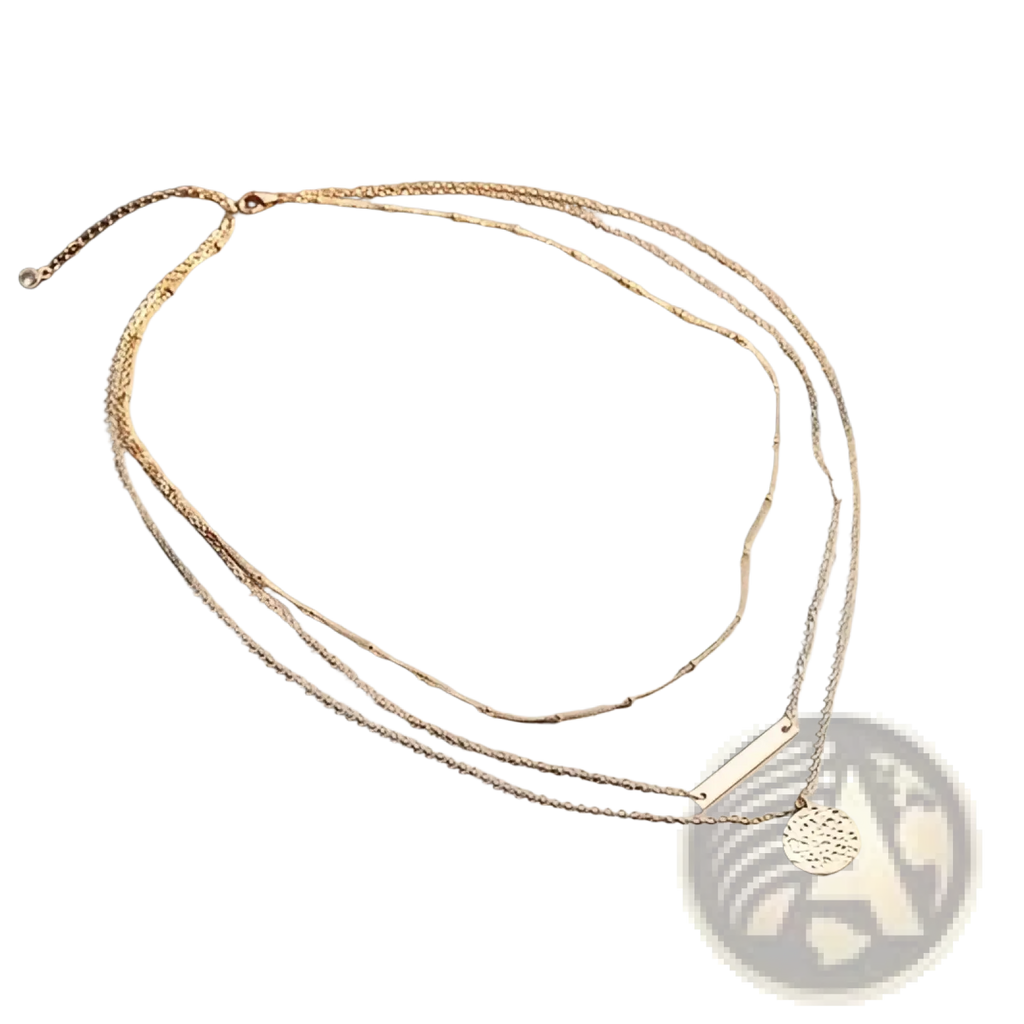 14k gold plated triple layered choker necklace with gold-toned rectangular bar pendant and textured circular charm
