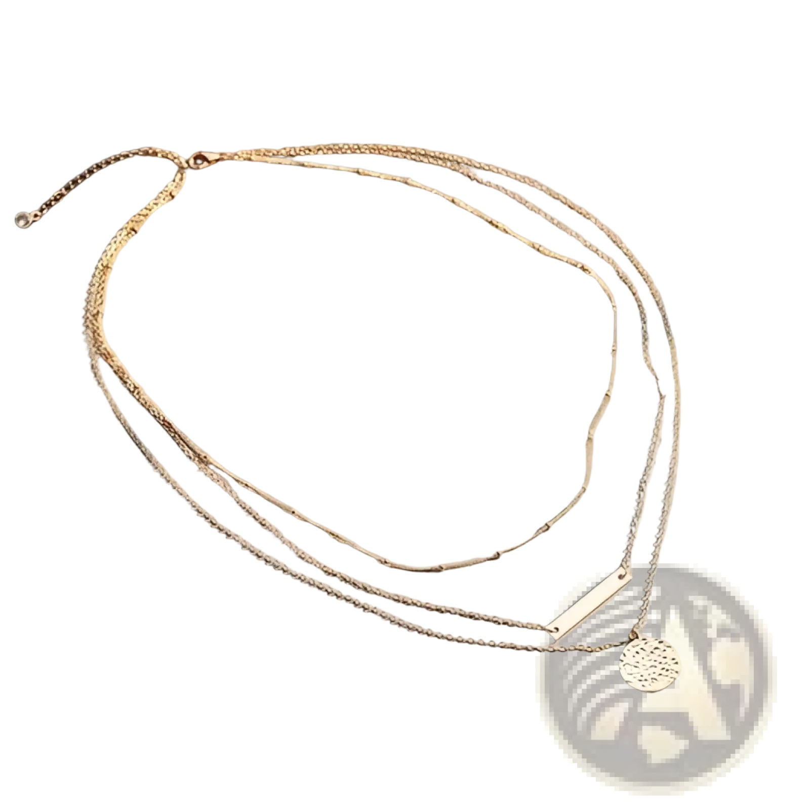 14k gold plated triple layered choker necklace with gold-toned rectangular bar pendant and textured circular charm