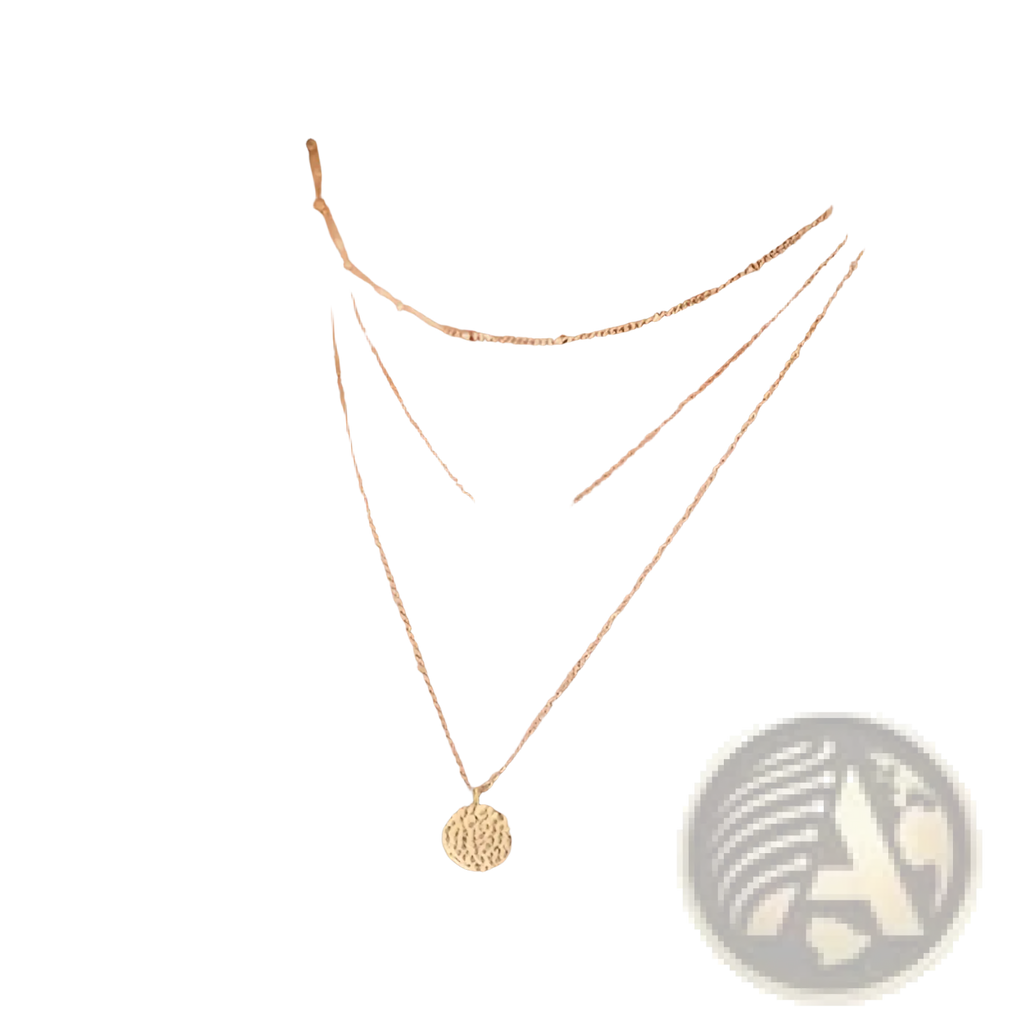 14k gold plated triple layered choker necklace with delicate chain, rectangular bar pendant, and textured coin charm