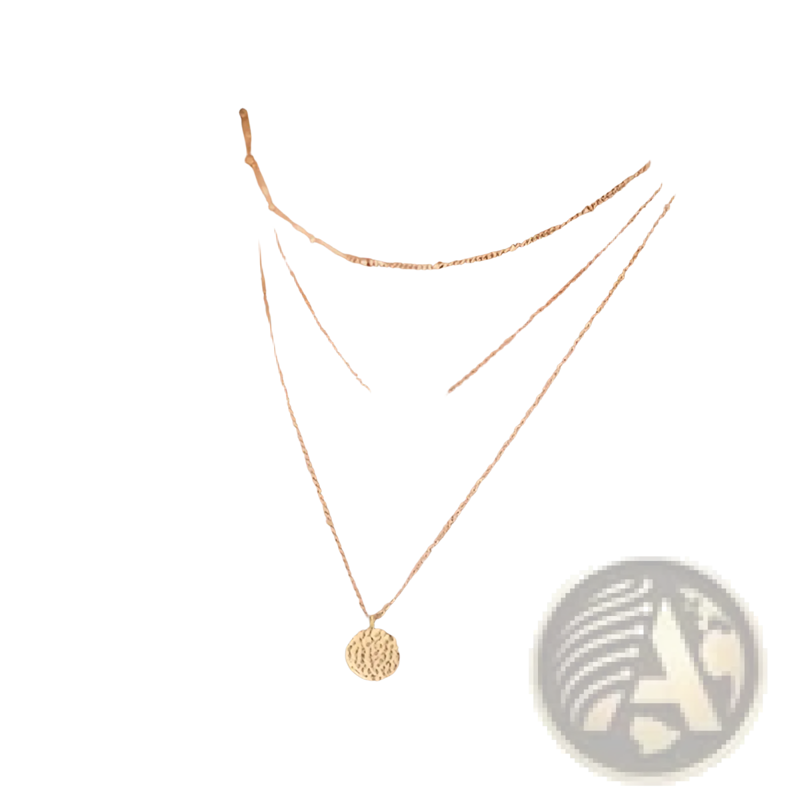 14k gold plated triple layered choker necklace with delicate chain, rectangular bar pendant, and textured coin charm