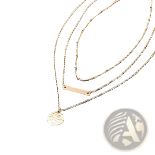 14k gold plated triple layered bar and coin choker necklace with hammered coin and sleek rectangular bar pendants