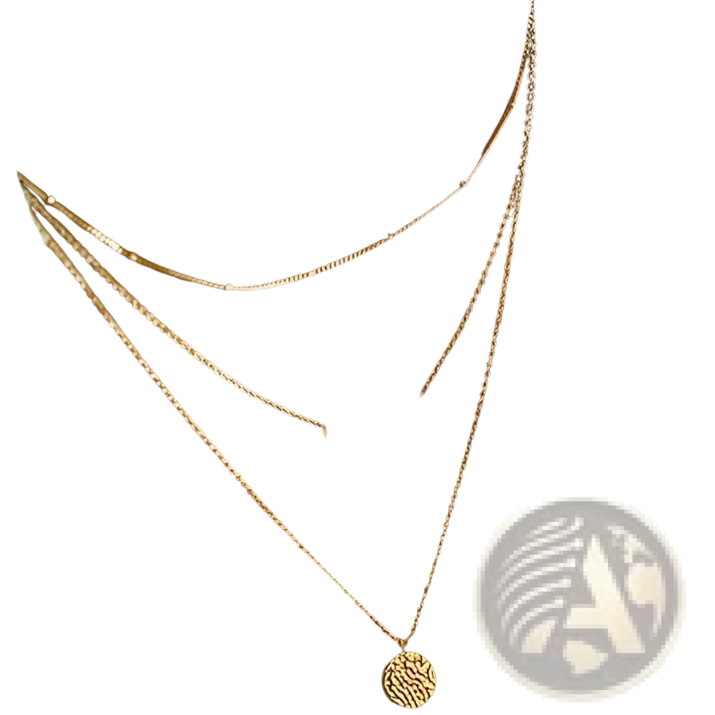 14k gold plated triple layered choker necklace with gold toned delicate chain, rectangular bar pendant, and coin charm