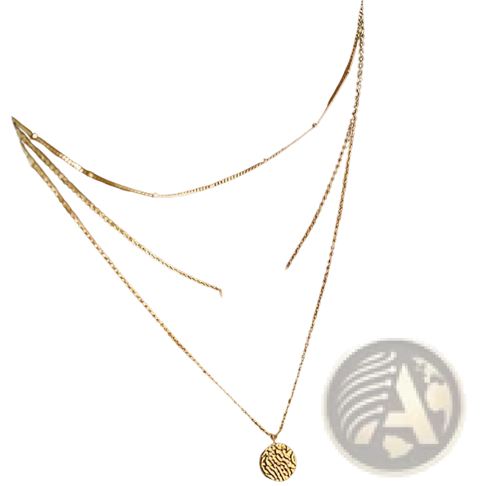 14k gold plated triple layered choker necklace with gold toned delicate chain, rectangular bar pendant, and coin charm