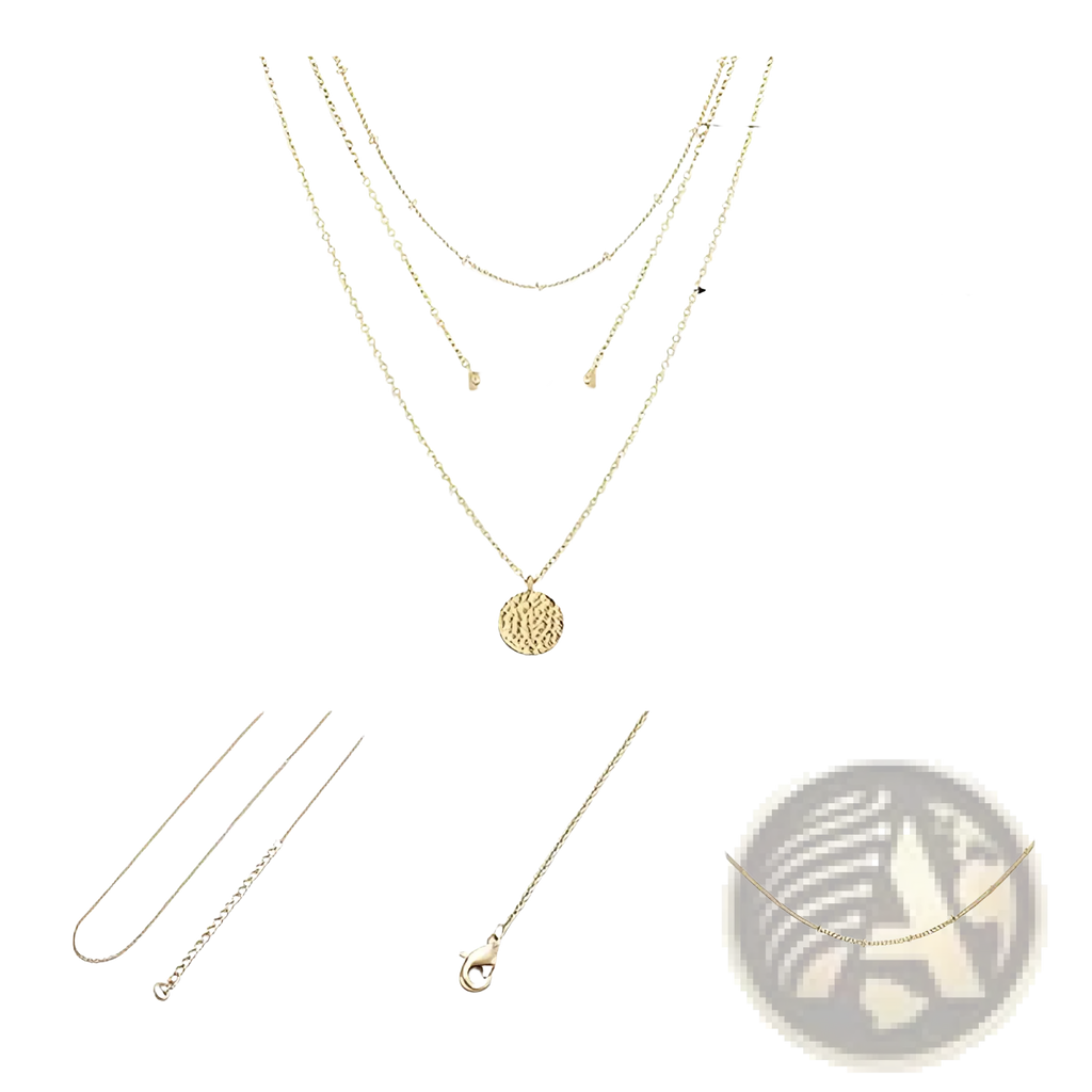 14k gold plated triple layered choker necklace featuring three gold-toned chains with textured circular pendant and bar charm