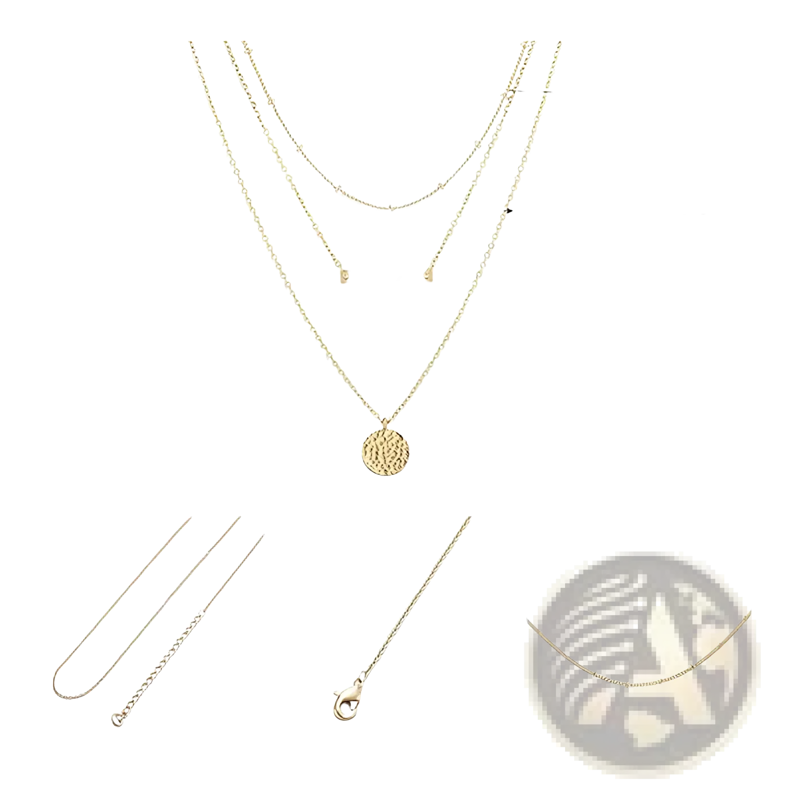 14k gold plated triple layered choker necklace featuring three gold-toned chains with textured circular pendant and bar charm