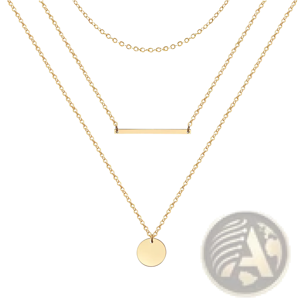 14k gold plated triple layered choker necklace featuring gold-toned chains with bar and disc pendants