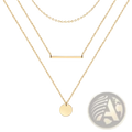 14k gold plated triple layered choker necklace featuring gold-toned chains with bar and disc pendants