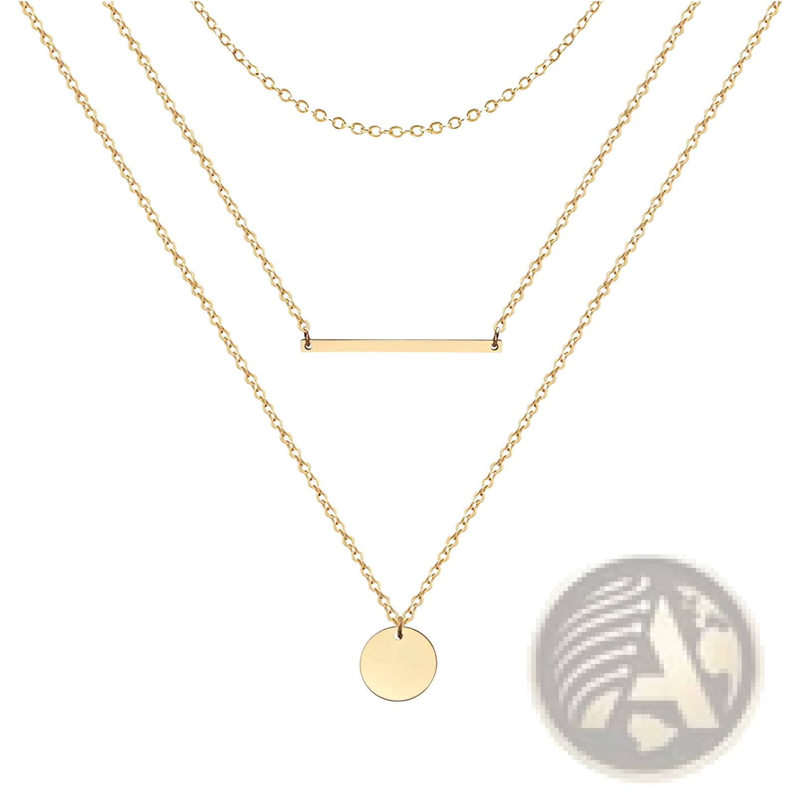 14k gold plated triple layered choker necklace featuring gold-toned chains with bar and disc pendants
