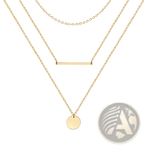 14k gold plated triple layered choker necklace featuring gold-toned chains with bar and disc pendants