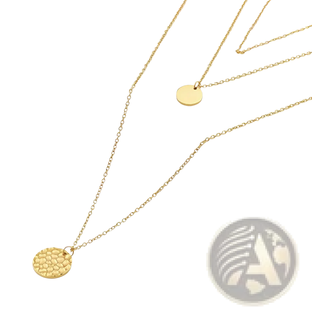 14k gold plated triple layered coin and bar necklace with gold-toned delicate chains and hammered circular pendant