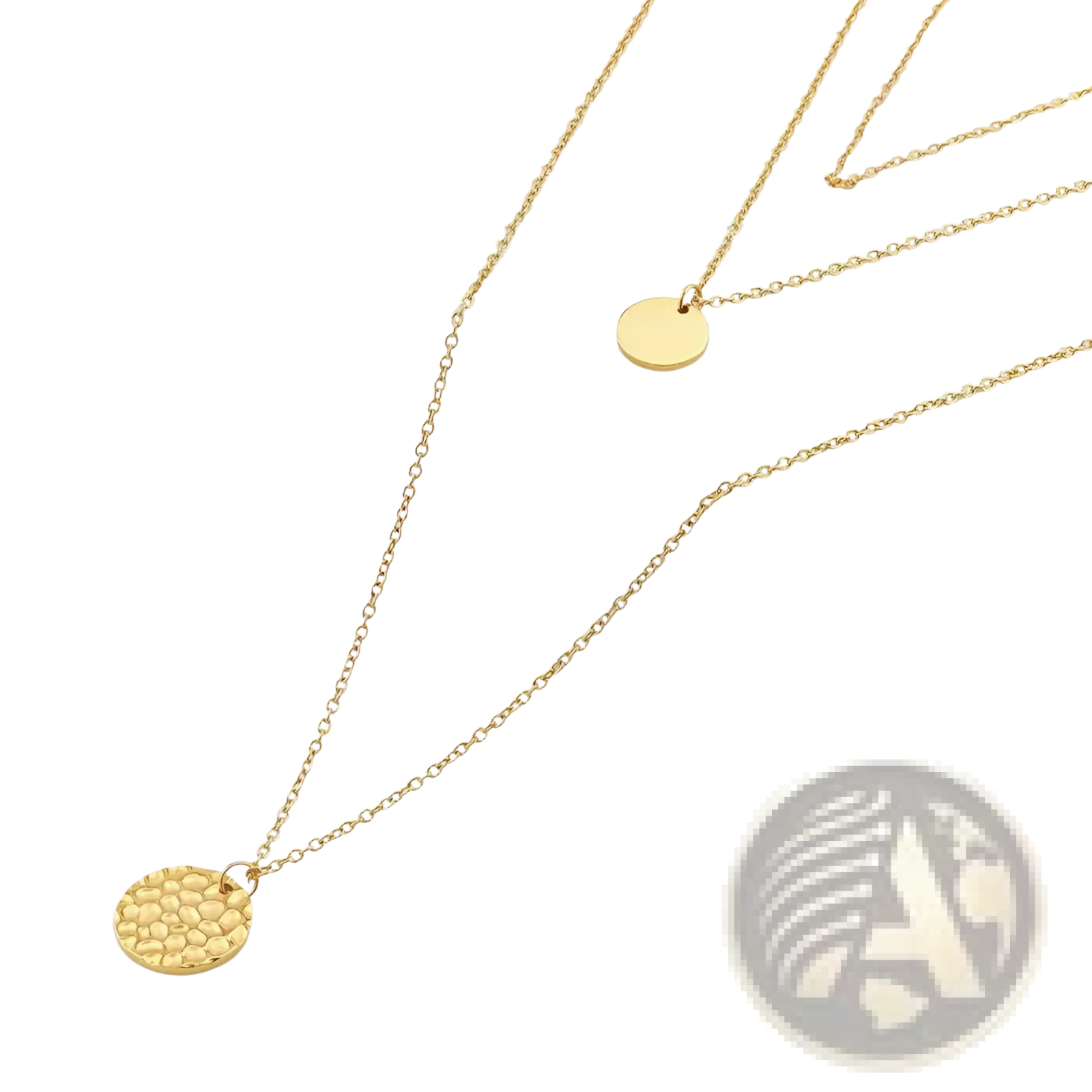 14k gold plated triple layered coin and bar necklace with gold-toned delicate chains and hammered circular pendant