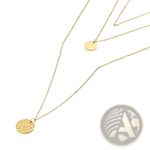 14k gold plated triple layered coin and bar necklace with gold-toned delicate chains and hammered circular pendant