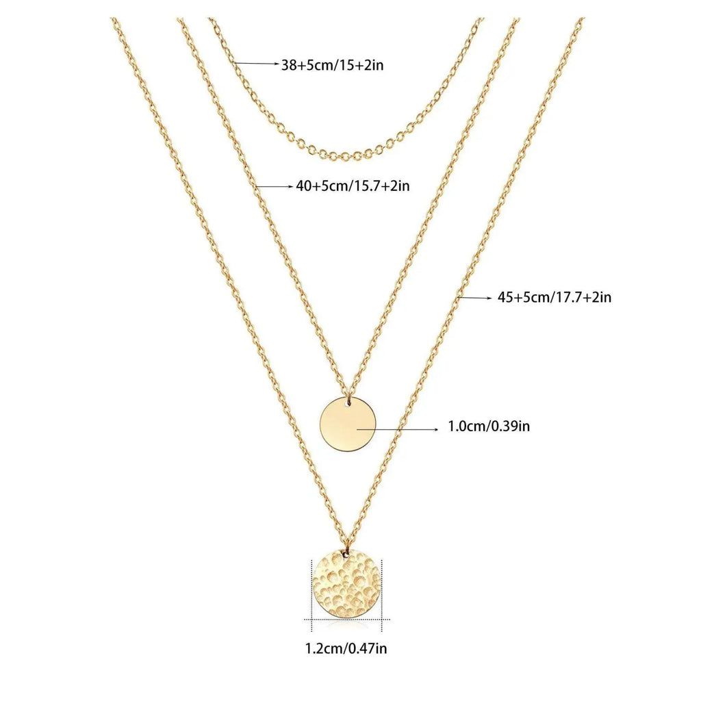 14k gold plated triple layered necklace with three delicate chains featuring smooth circular and hammered disc pendants