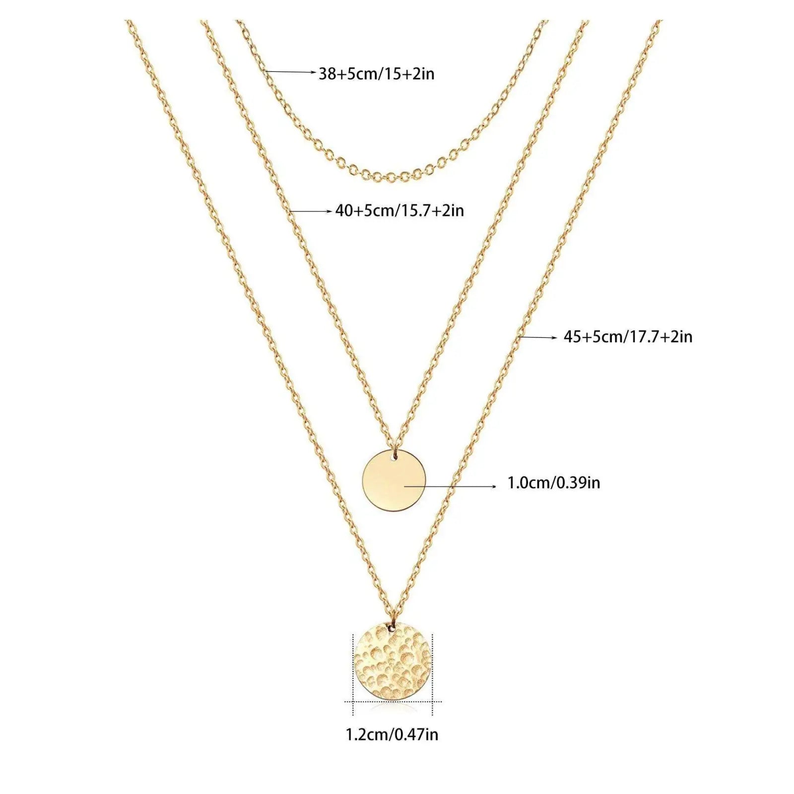 14k gold plated triple layered necklace with three delicate chains featuring smooth circular and hammered disc pendants