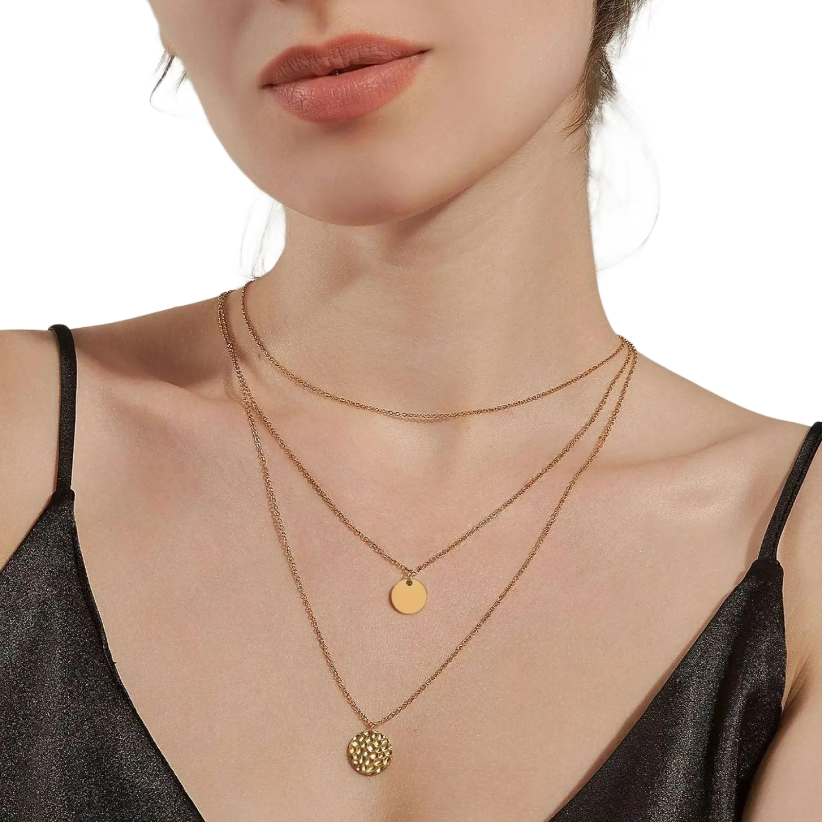 14k gold plated triple layered coin and bar necklace with gold toned delicate chains and two circular pendants against skin