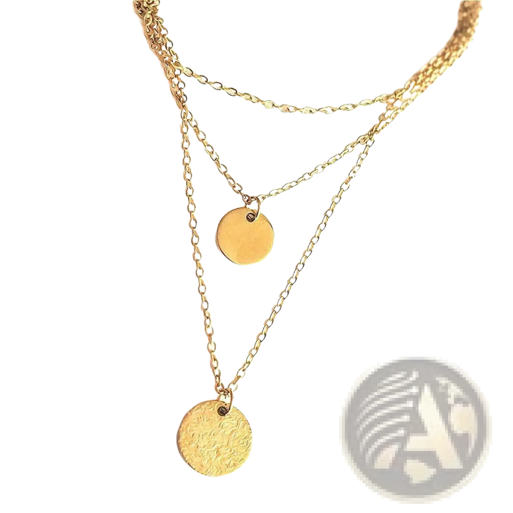 14k gold plated triple layered necklace with three delicate chains and two circular pendants one smooth one textured