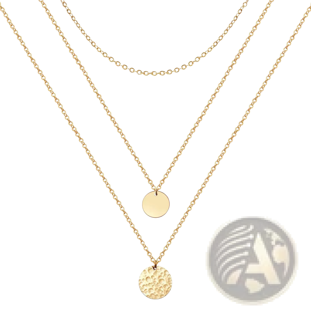 14k gold plated triple layered coin and bar necklace with gold-toned delicate chains and two circular pendants