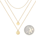 14k gold plated triple layered coin and bar necklace with gold-toned delicate chains and two circular pendants