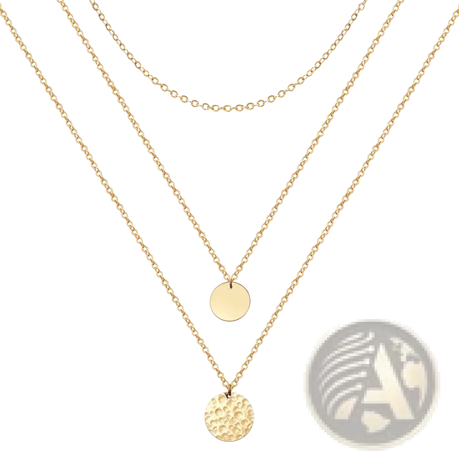 14k gold plated triple layered coin and bar necklace with gold-toned delicate chains and two circular pendants