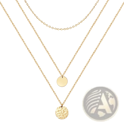 14k gold plated triple layered coin and bar necklace with gold-toned delicate chains and two circular pendants