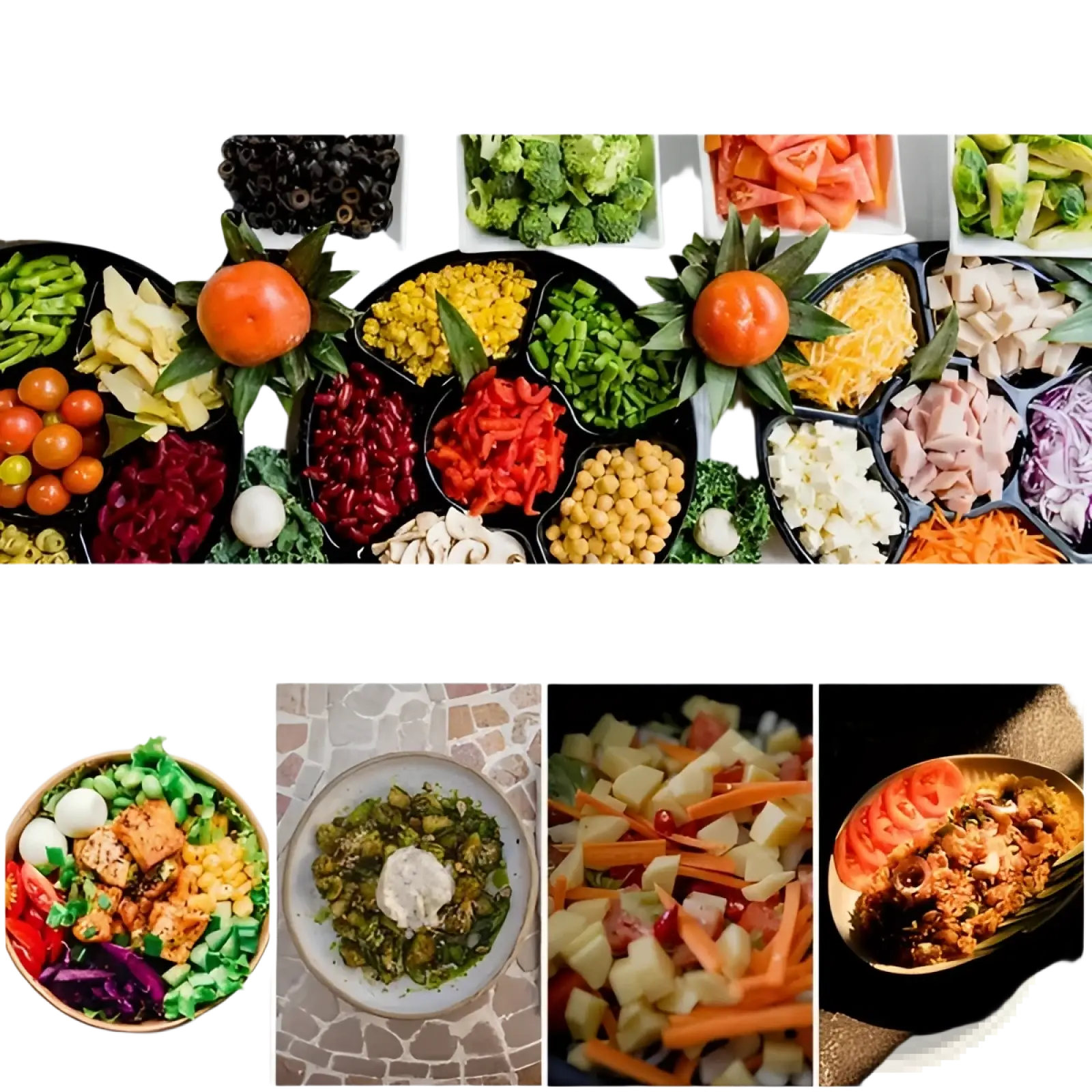 A vibrant assortment of chopped vegetables and proteins displayed in black trays using a 15 in 1 vegetable chopper and slicer with container