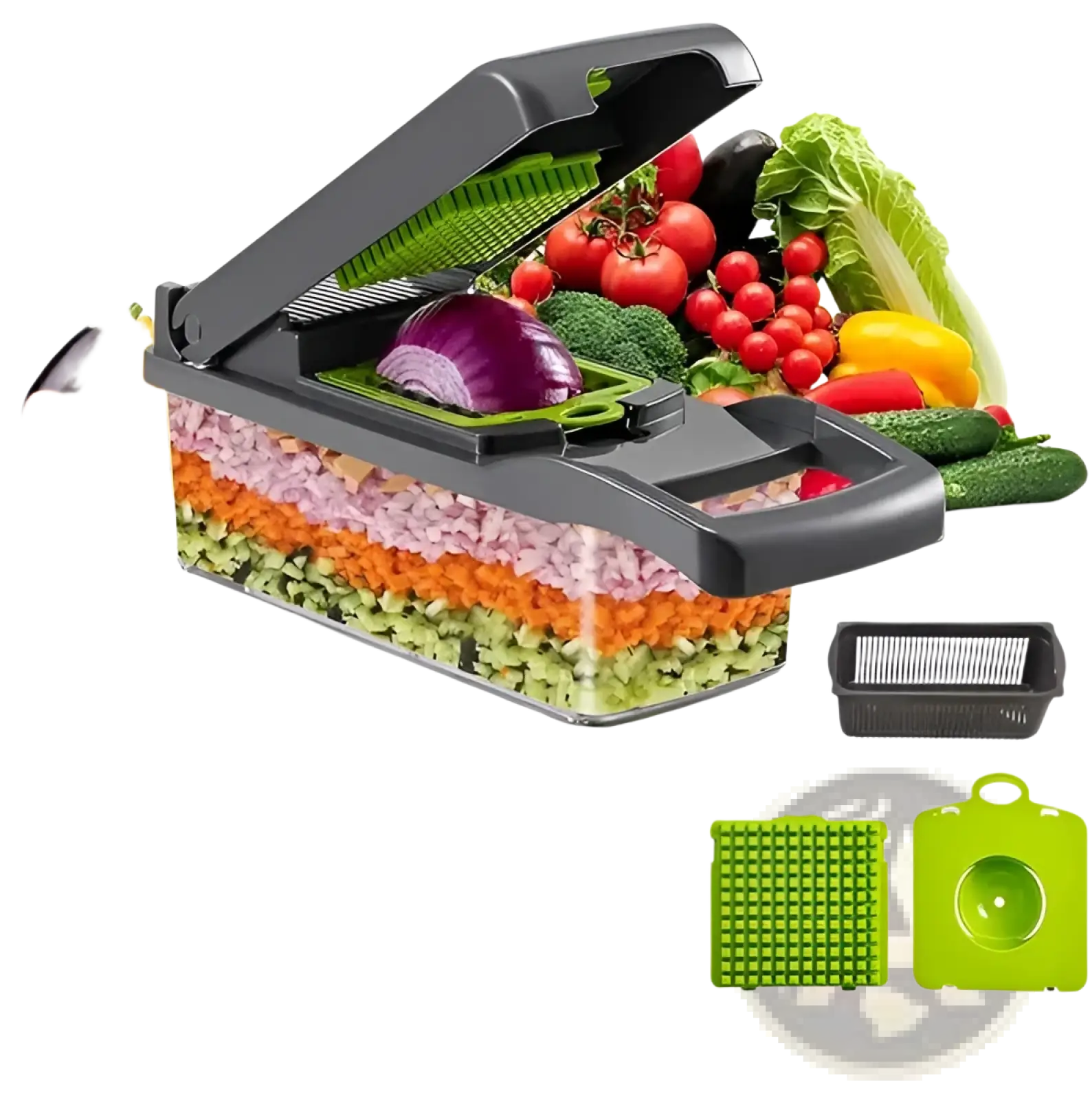 Black and green 15 in 1 vegetable chopper and slicer with container featuring multifunctional interchangeable blades