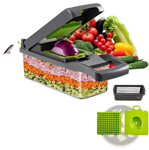 Black and green 15 in 1 vegetable chopper and slicer with container featuring multifunctional interchangeable blades