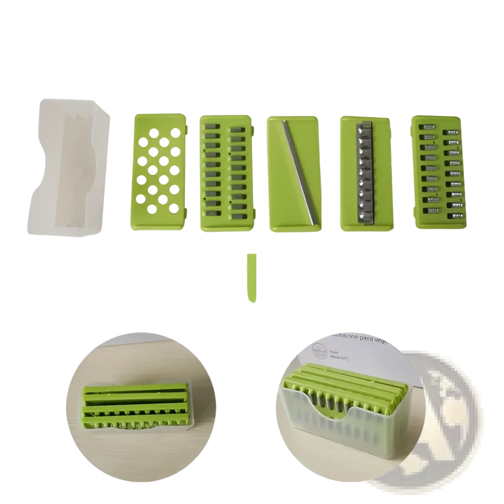 Set of green plastic vegetable chopper blades with metal edges stored in a white organizer for 15 in 1 chopper and slicer