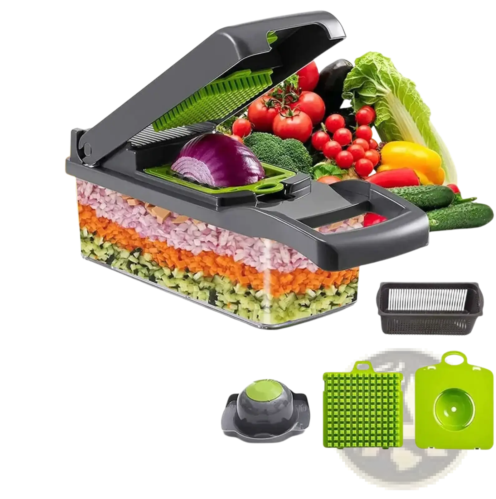 Black and green multi-functional 15 in 1 vegetable chopper and slicer with interchangeable blades and container