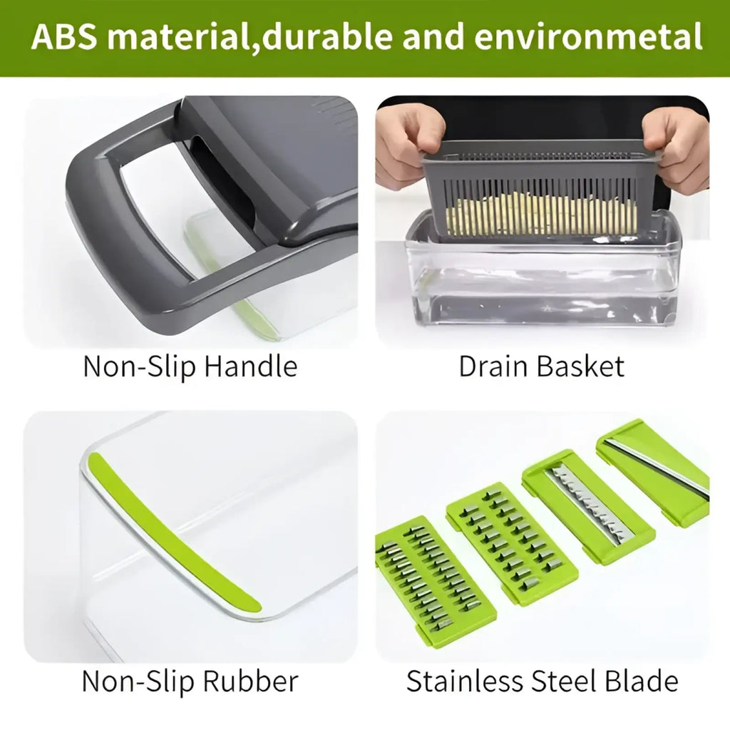 Gray and green 15 in 1 vegetable chopper and slicer with abs plastic handle stainless steel blades and non-slip base