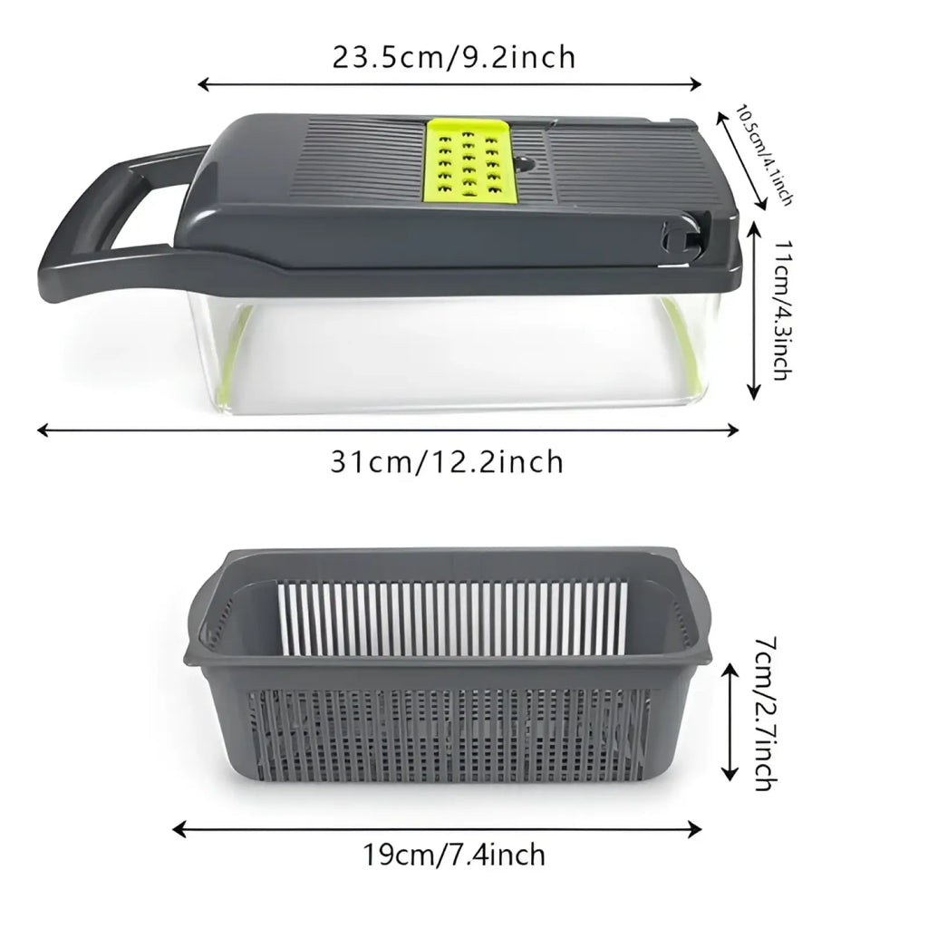 Black and lime green 15 in 1 vegetable chopper and slicer with clear plastic collection tray for easy food prep