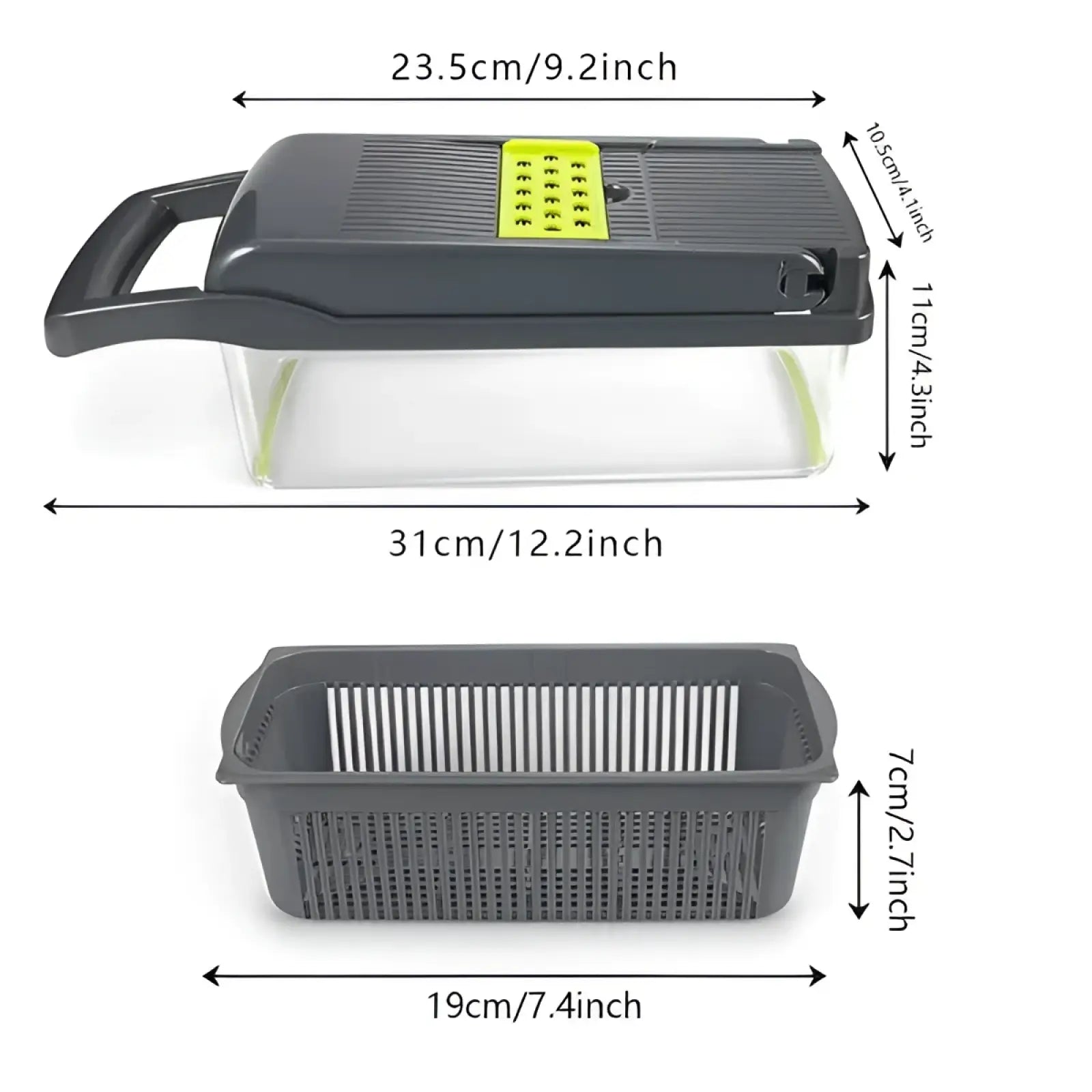 Black and lime green 15 in 1 vegetable chopper and slicer with clear plastic collection tray for easy food prep