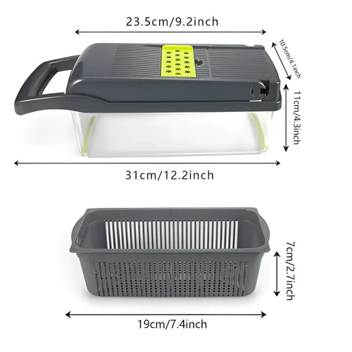 Black and lime green 15 in 1 vegetable chopper and slicer with clear plastic collection tray for easy food prep