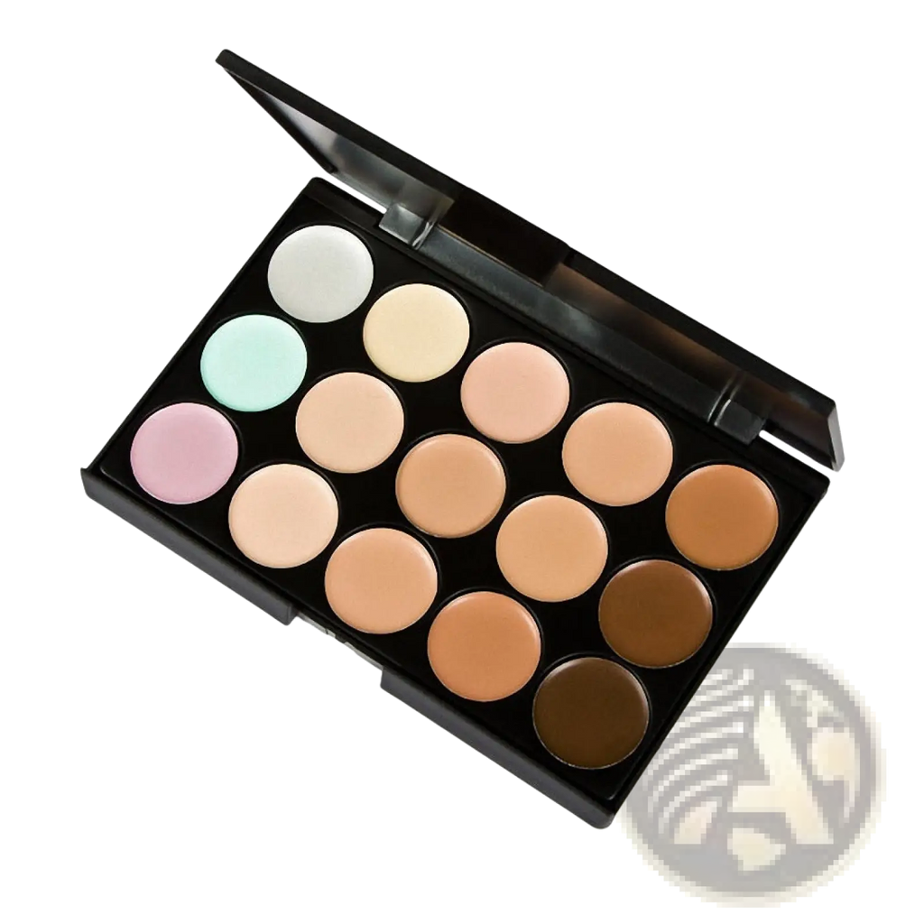 Black compact 15 color concealer palette with 15 circular skin-toned pans for professional makeup use