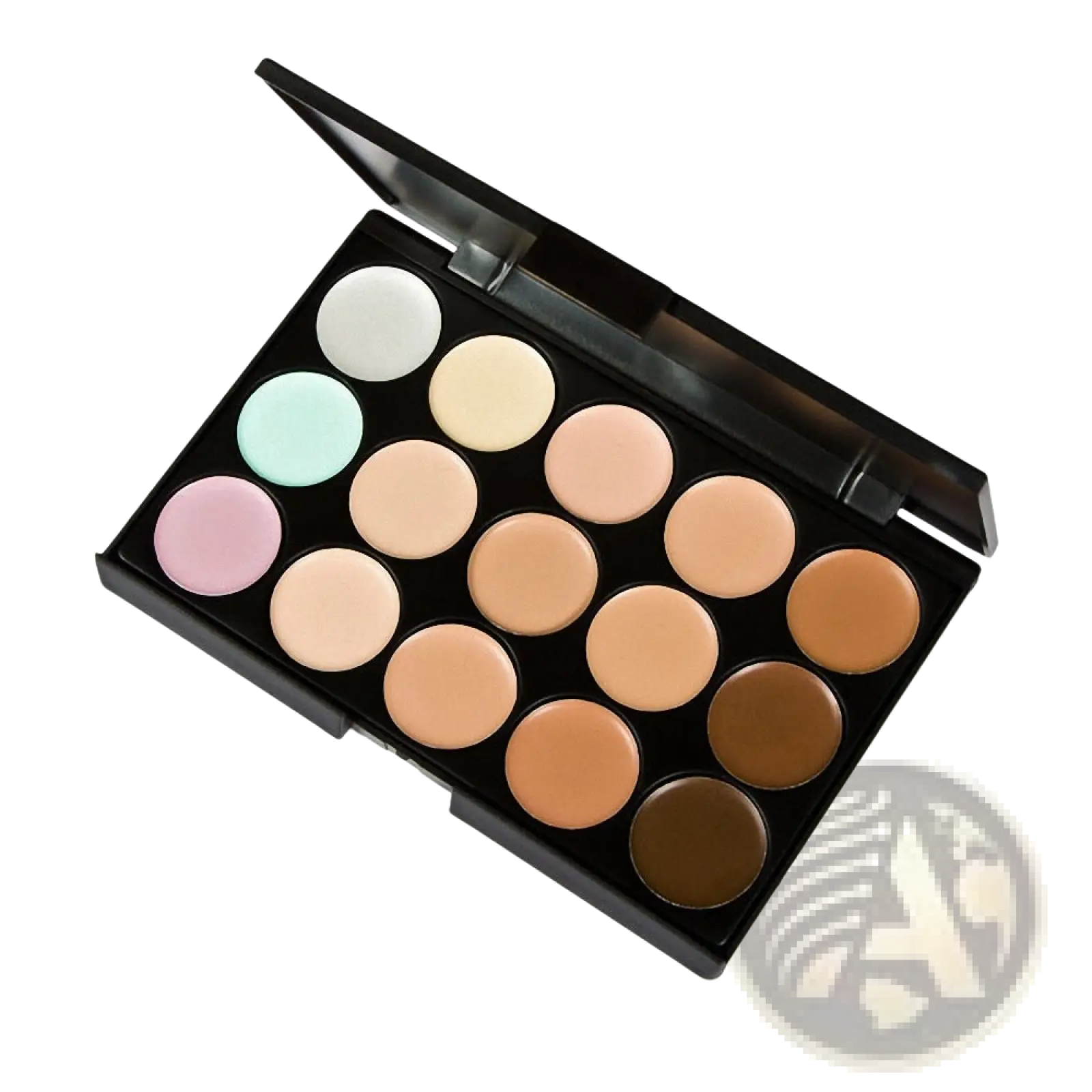 Black compact 15 color concealer palette with 15 circular skin-toned pans for professional makeup use