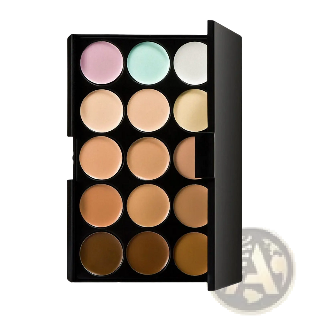 Black rectangular 15 color concealer palette with creamy skin-toned shades for professional makeup use