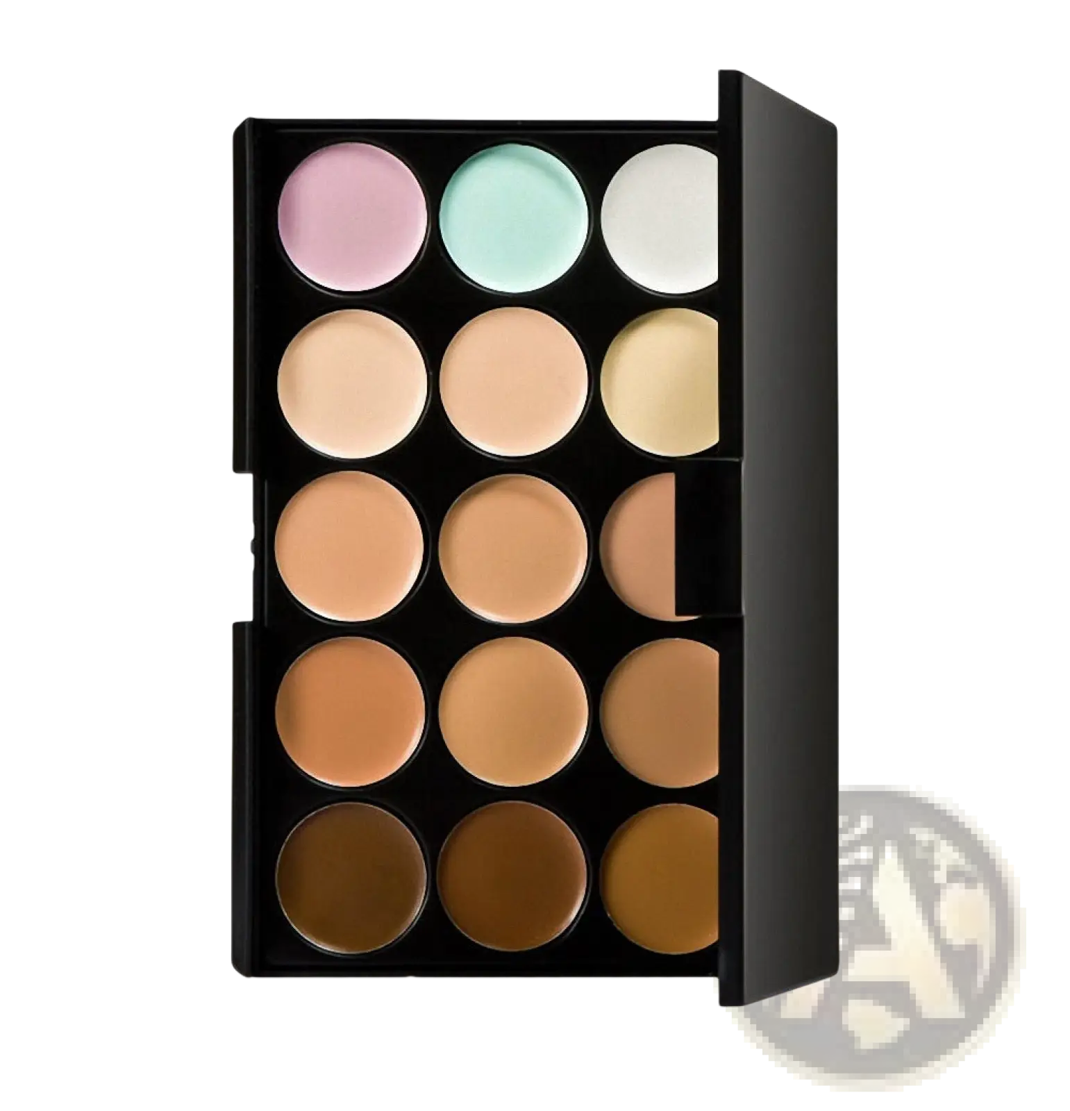 Black rectangular 15 color concealer palette with creamy skin-toned shades for professional makeup use