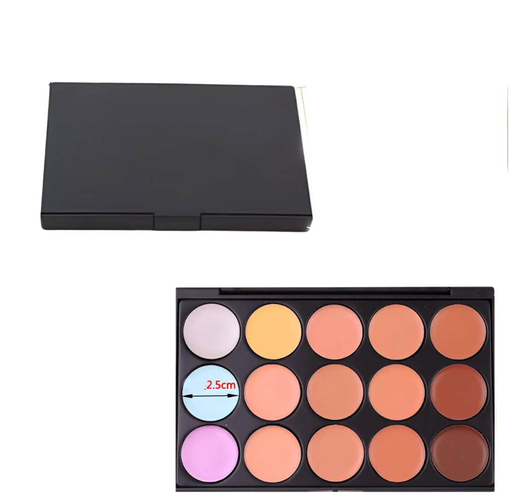 Black rectangular 15 color concealer palette with beige, peach, pink, and brown shades for professional makeup use