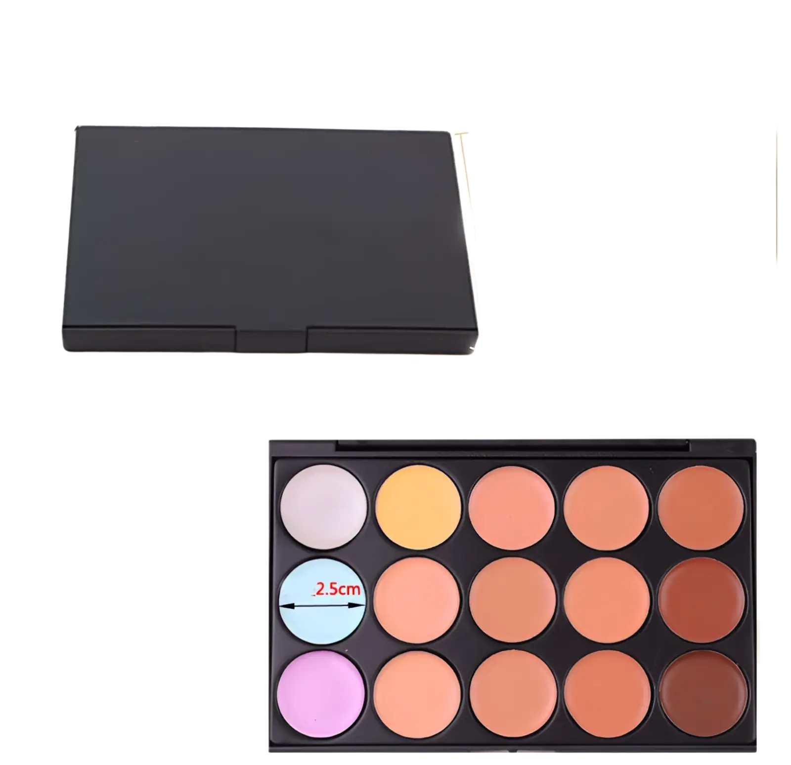 Black rectangular 15 color concealer palette with beige, peach, pink, and brown shades for professional makeup use