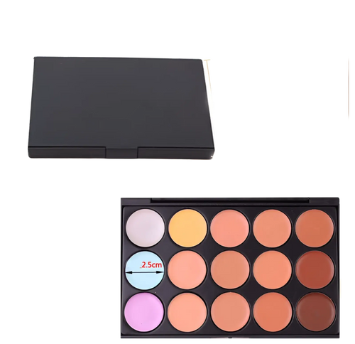 Black rectangular 15 color concealer palette with beige, peach, pink, and brown shades for professional makeup use