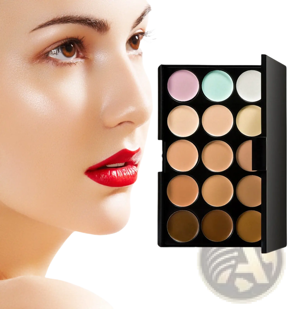 Black rectangular 15 color concealer palette with 18 circular pans in pink green beige and brown shades for professional makeup