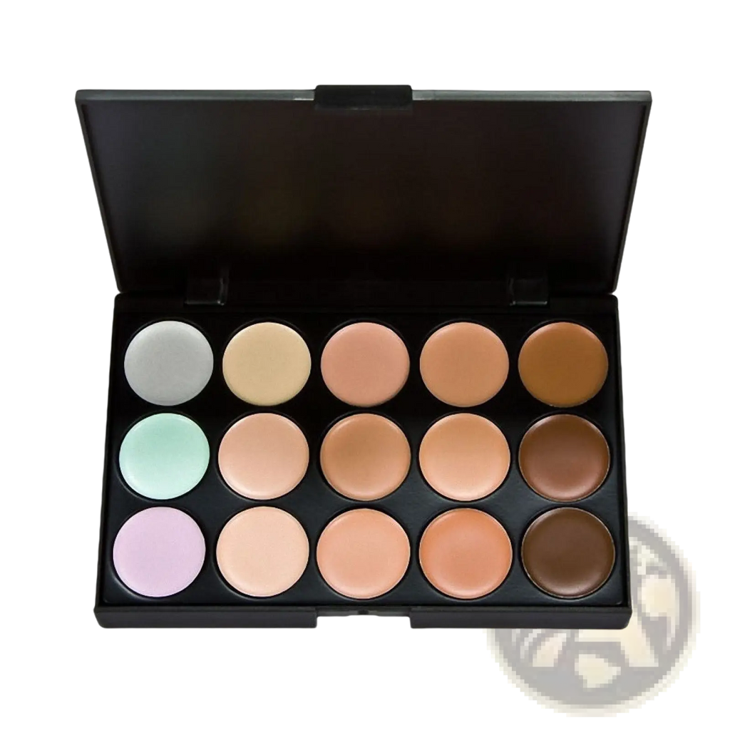 Black makeup concealer palette with 15 circular pans in beige, tan, brown, and pastel shades for professional use