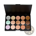 Black makeup concealer palette with 15 circular pans in beige, tan, brown, and pastel shades for professional use