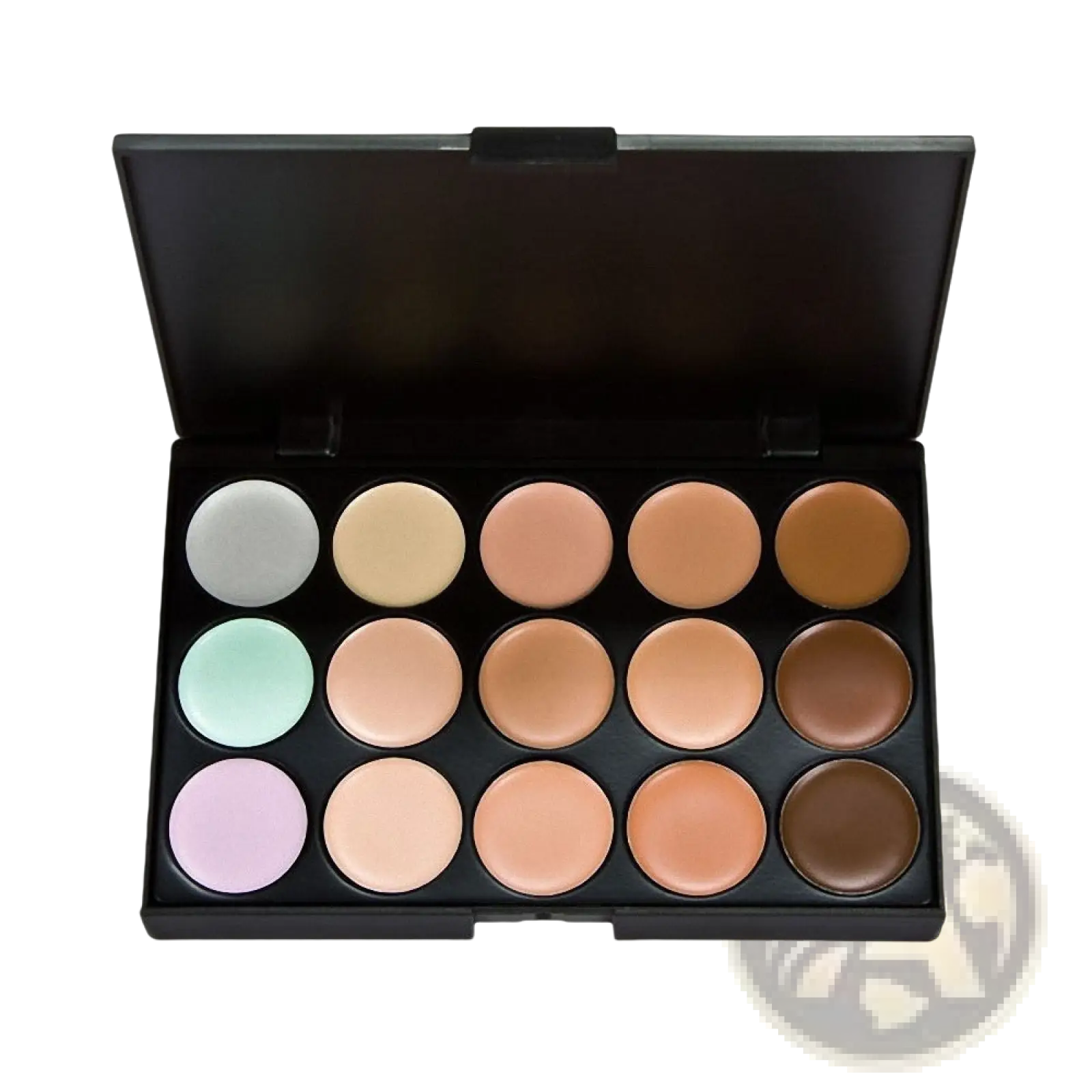 Black makeup concealer palette with 15 circular pans in beige, tan, brown, and pastel shades for professional use