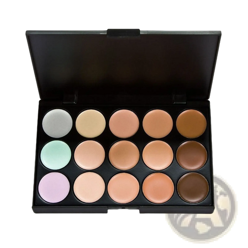 Black makeup concealer palette with 15 circular pans in beige, tan, brown, and pastel shades for professional use