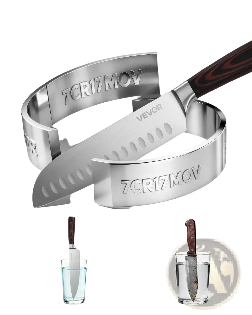 A sleek silver 7cr17mov high carbon steel knife with dark wood handle in metallic sheath from 15 piece knife set
