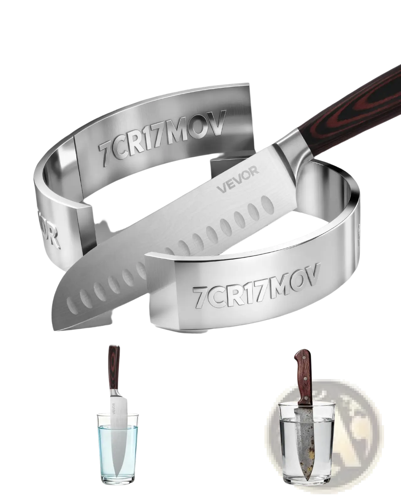 A sleek silver 7cr17mov high carbon steel knife with dark wood handle in metallic sheath from 15 piece knife set