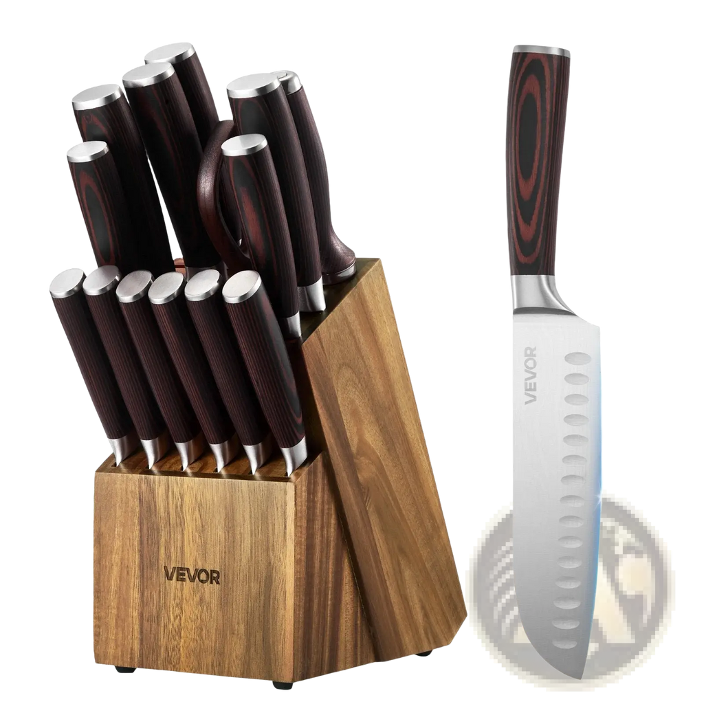 Vevor 15 piece high carbon stainless steel knife set with dark wood patterned handles and matching wooden block