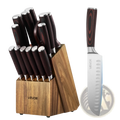 Vevor 15 piece high carbon stainless steel knife set with dark wood patterned handles and matching wooden block